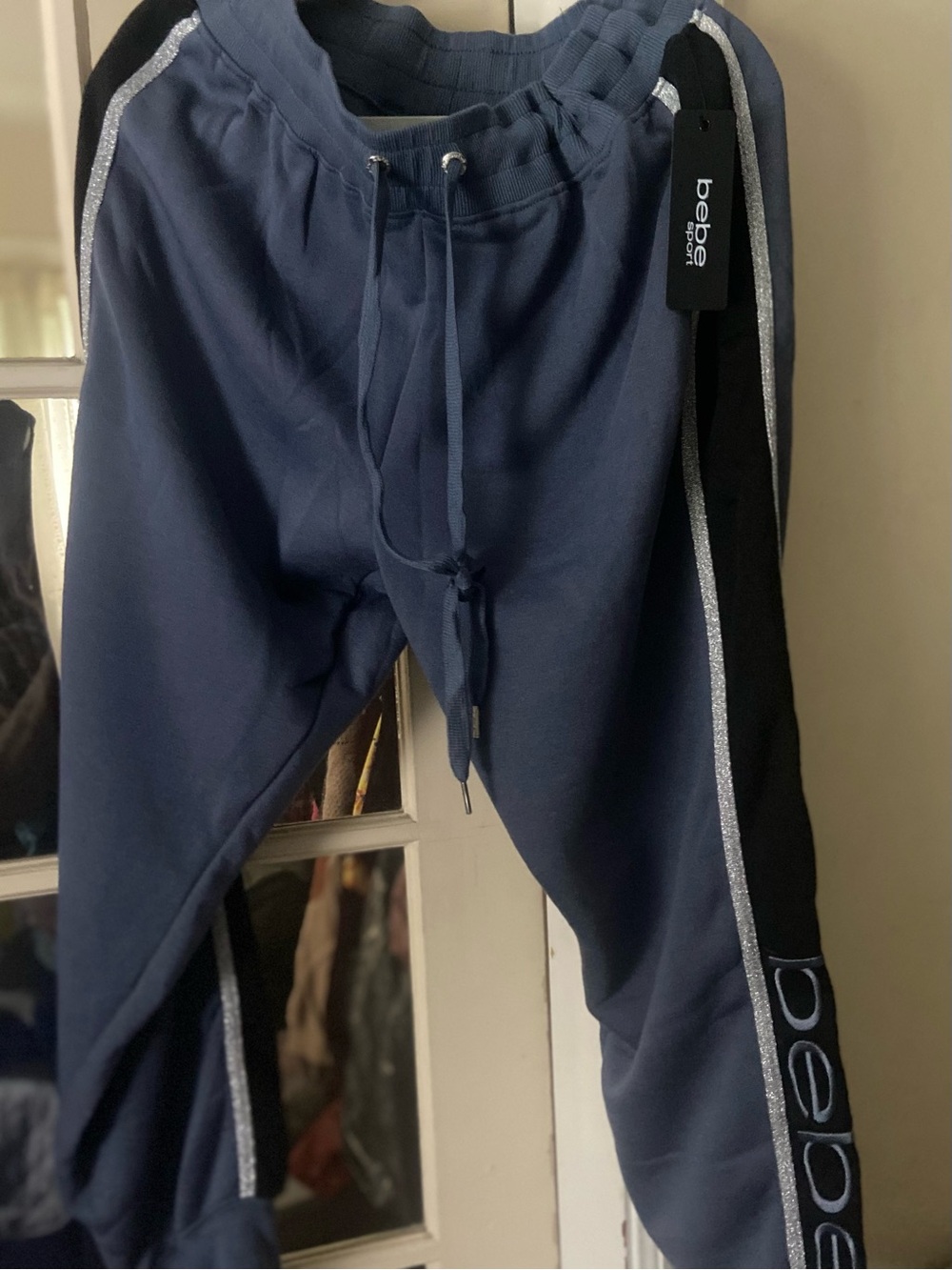 bebe Navy Joggers with Black Side Panels and Silver Trim